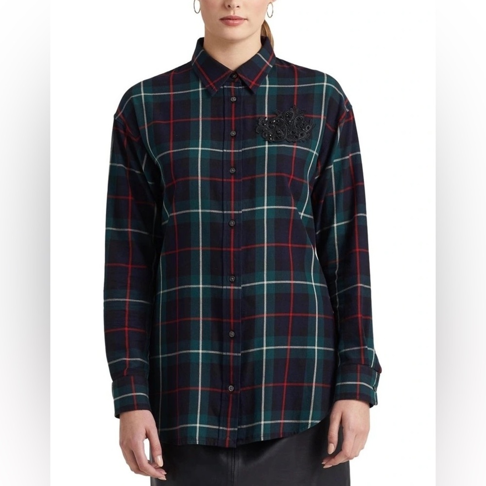 LAUREN Ralph Lauren Petite Bullion Patch Plaid Twill Shir